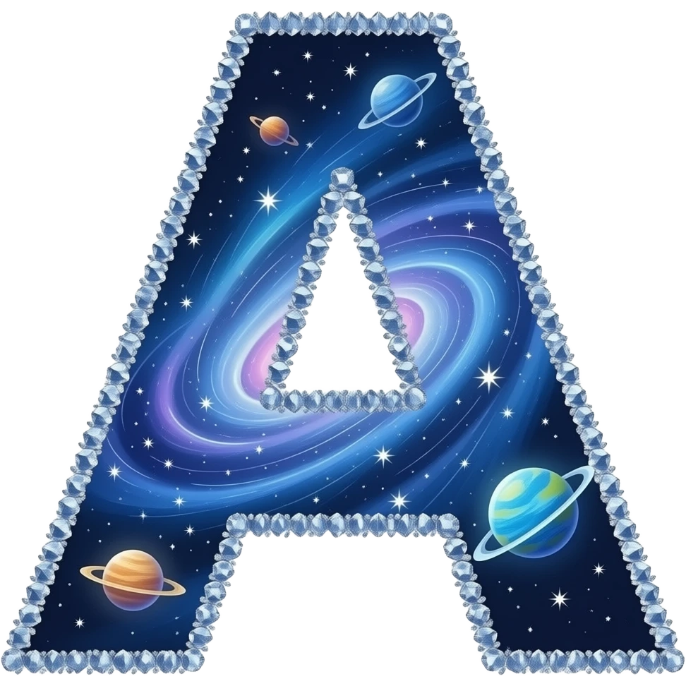 A letter 'A' made of swirling cosmic starlight and deep blue nebulas. The edges are composed of shimmering diamond dust and small orbiting planets. Ethereal, dreamy, high-gloss finish emoji