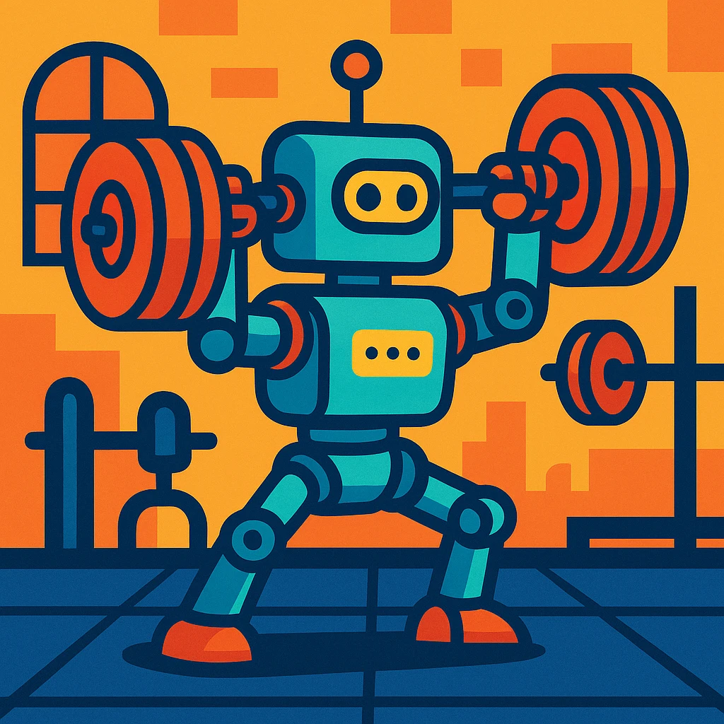 a robot lifting weights in a gym, vibrant cartoon style emoji