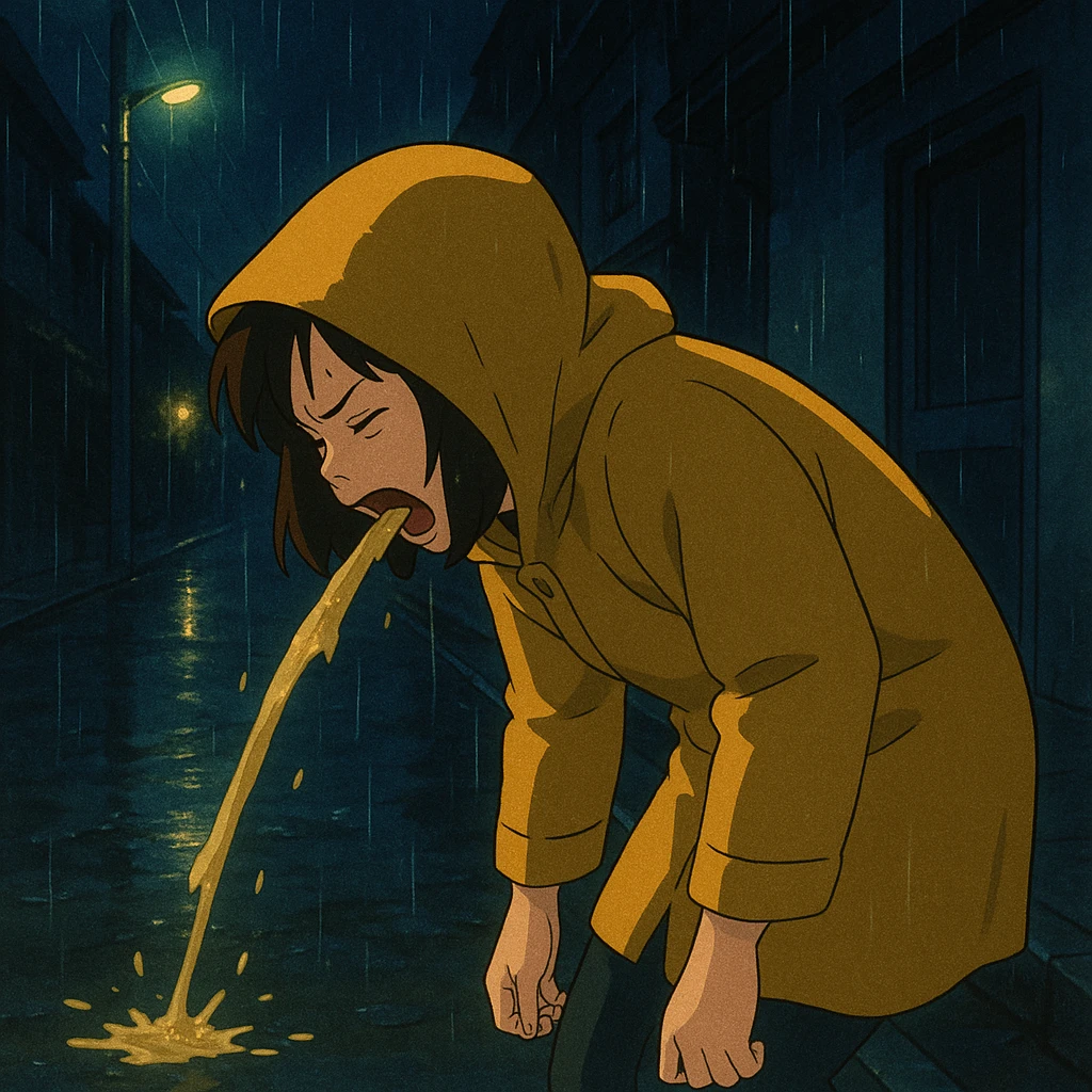 anime style woman leaning over vomiting, raincoat, nighttime street, dramatic lighting emoji