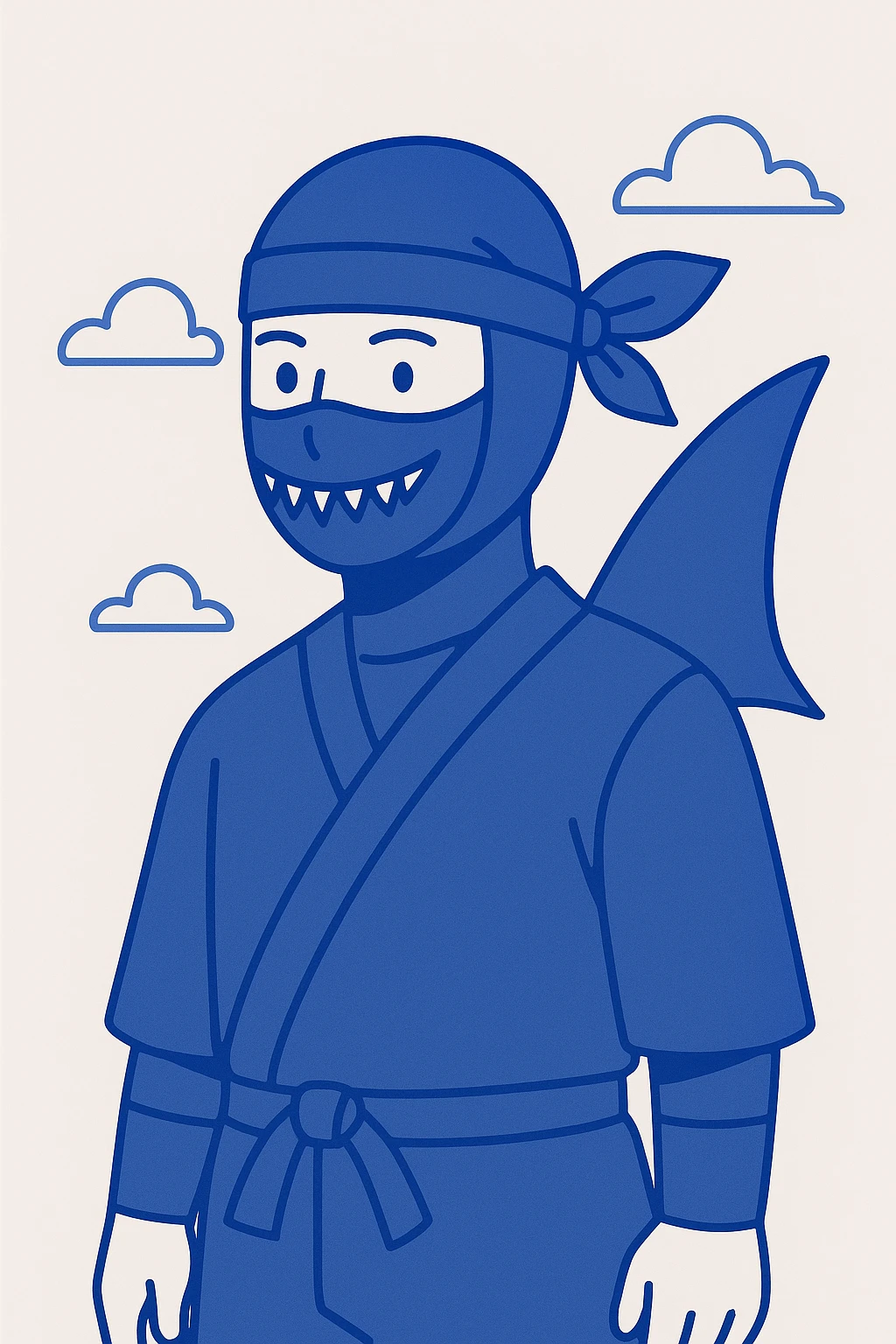 sleek ninja with shark fin on back, DeepSeek blue accents, mask with subtle shark teeth, clean minimal style emoji