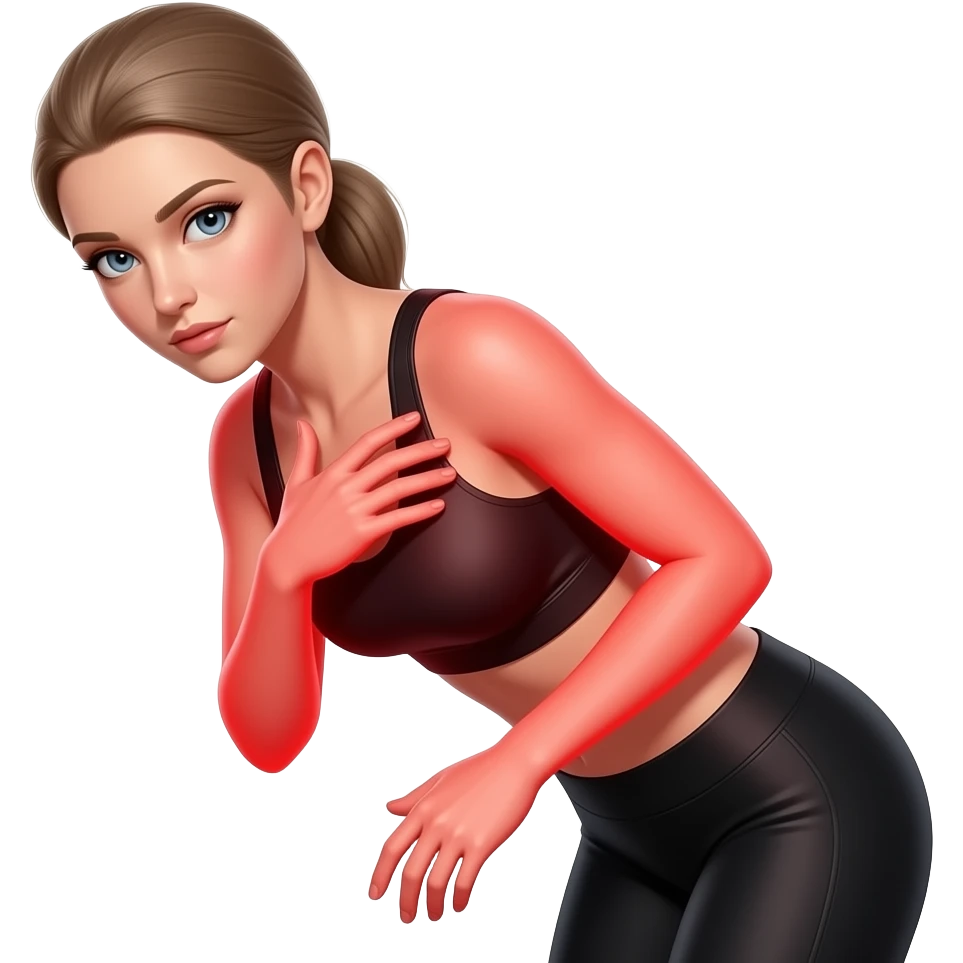 full body, red glow across the entire body, woman slightly bent and touching her body, fair-skinned woman, gray-blue eyes, ash brown brows, ash light brown hair tied back, slim athletic body, black workout set emoji