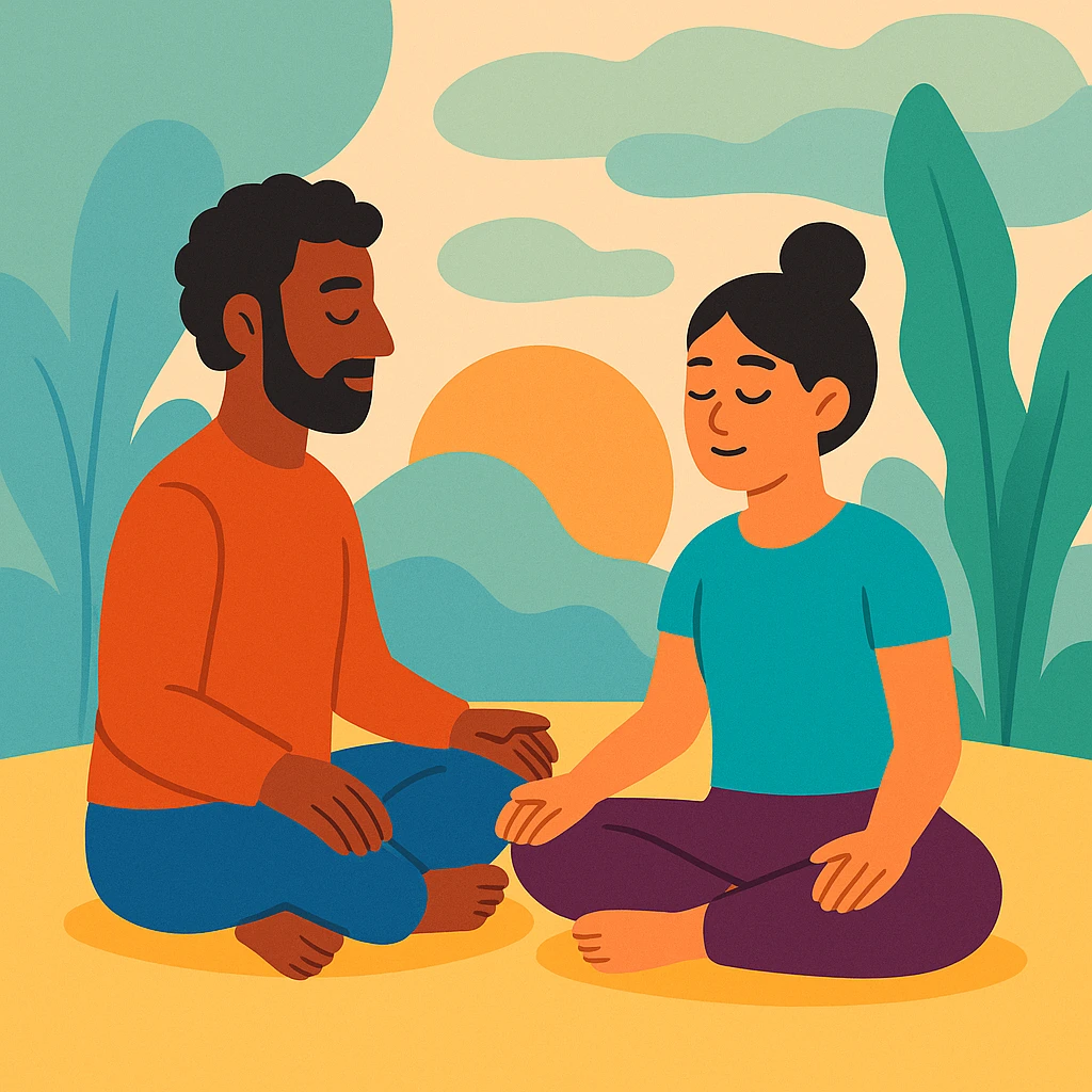 one on one guided meditation session, with a coach and a student, peaceful emoji