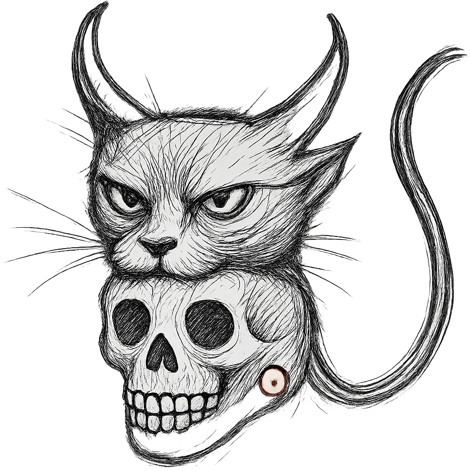 Make the black cat with demon horns and skull less cartoonish, more realistic hand drawn style, expressive linework, no fill, preserve the red spiral on the skull, transparent background. emoji