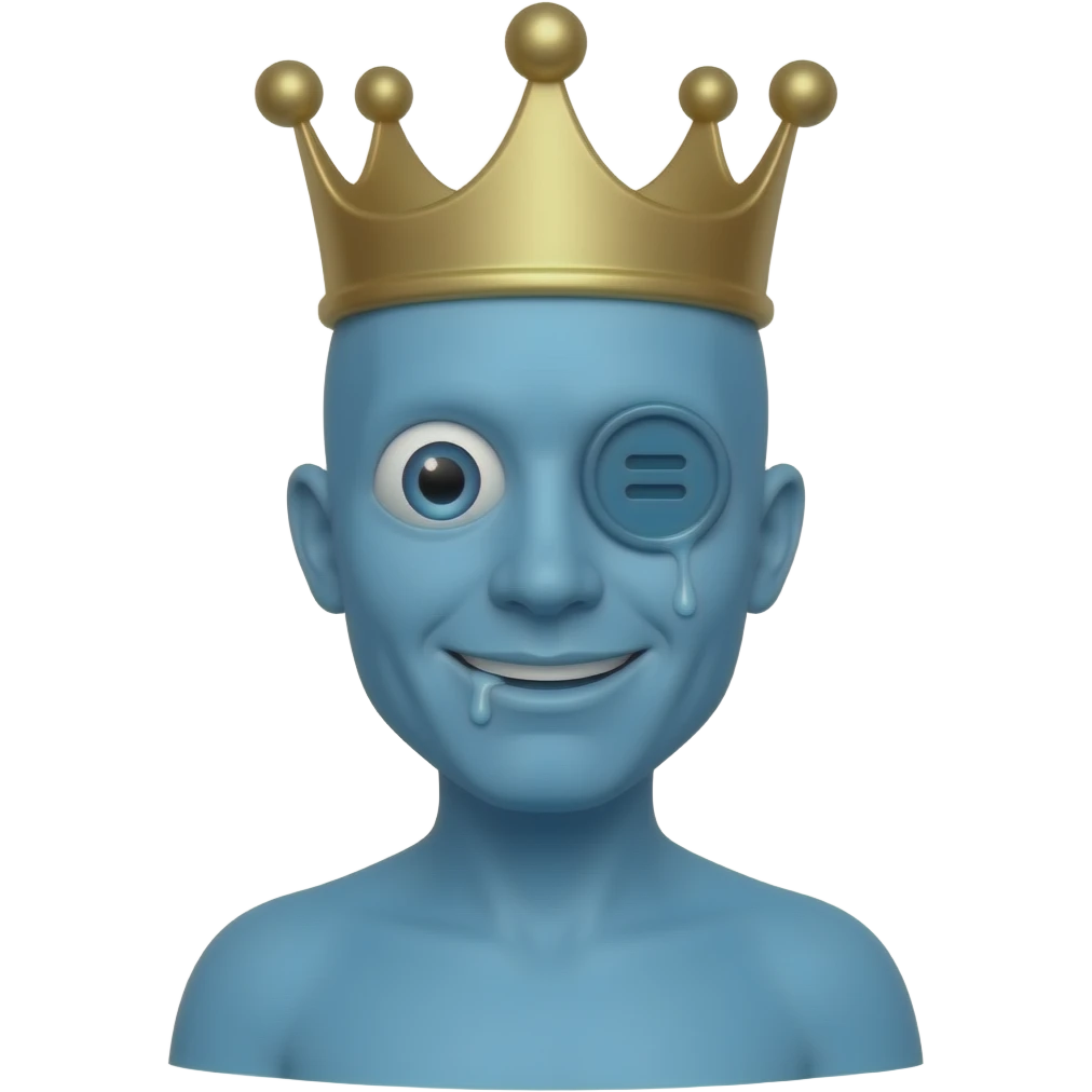 A blue guy with a button for an eye he’s smiling and drooling and he has a crown emoji