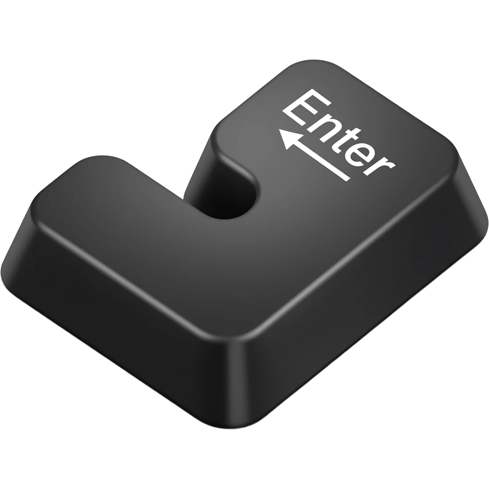 Glossy black L-shaped Enter keycap with a delicious candy-jelly texture. White "Enter" text and return arrow. 3D emoji style, white background. emoji