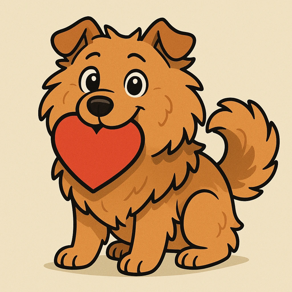 cute cartoon-style Golden Retriever and Chow Chow mix dog holding a red heart in its mouth, big eyes, fluffy fur, playful look, simple background emoji