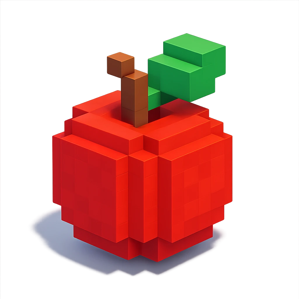 voxel-style red apple with a green leaf, simple cubic shapes, isometric view emoji
