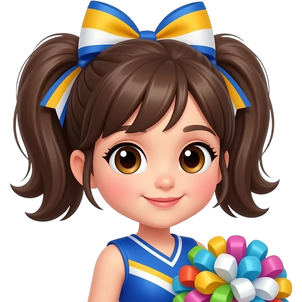 TThe cheerleader, the only one of her, is beautiful, cute, and wears a brightly colored bow. emoji