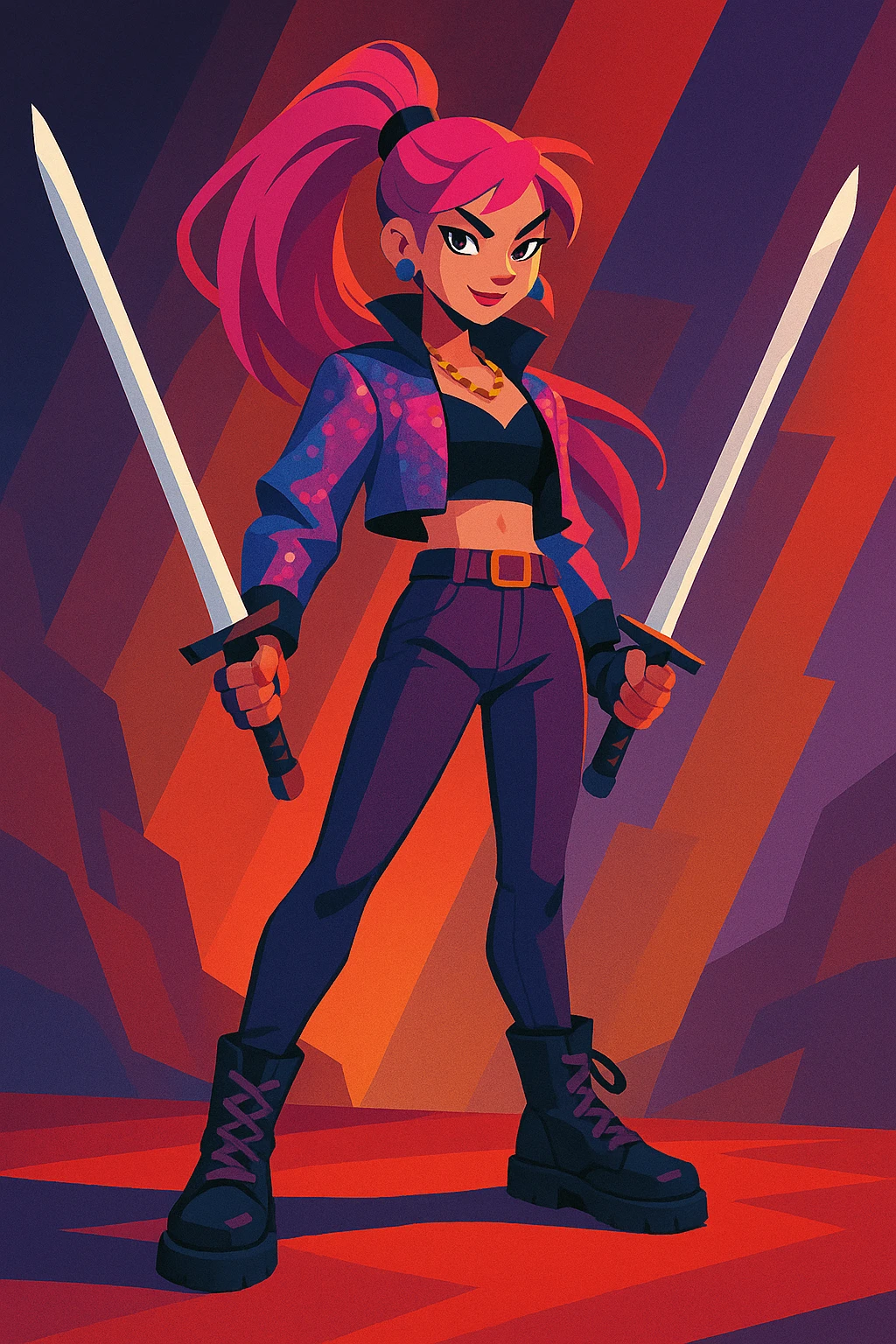 Zoey, K-pop star and demon hunter, dual swords, dramatic lighting, confident stance, modern fantasy style emoji