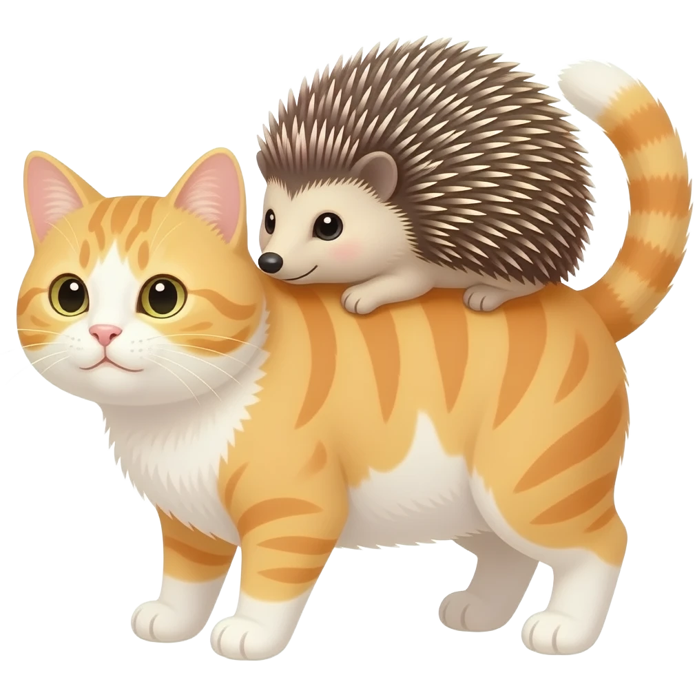 small porcupine resting on top of bigger cat emoji