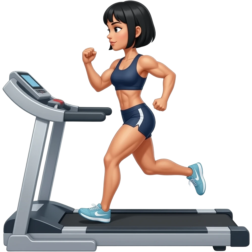 tall hyrox atlethe on a treadmill, female black short haircut, muscular running on a treadmill while flexing, emoji