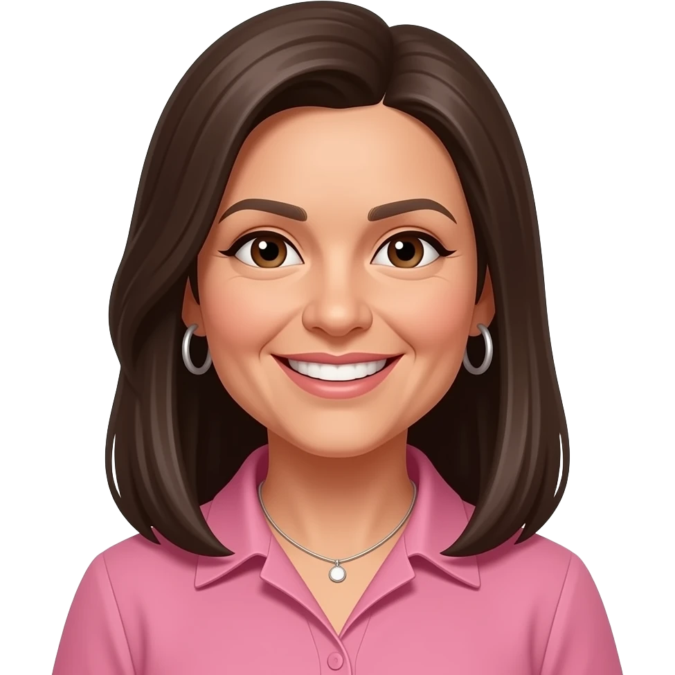 woman early 50s, dark brown eyes, long straight hair all one length with side parting, hoop earrings, necklace, pink collared shirt, slighlty tanned skin, open smile emoji