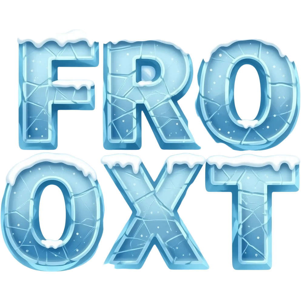 The text 'FROST' sculpted out of jagged, translucent blue ice with internal crystalline fractures. A faint blizzard aura and sparkling snow dust emanate from the letters. emoji