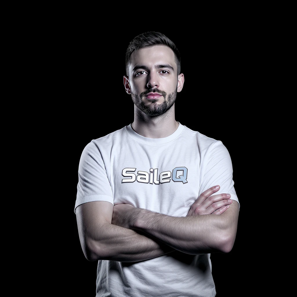 Csgo pro player profile proffesional photo, low key light back light, man standing crossed hands with tshirt with text "SaileQ" black solid background emoji