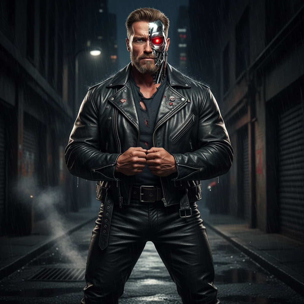 Make this phot of me look buff like Arnold Schwarzenegger in The Terminator, with his biker costume, using my own hairstyle and face. Show half my face as a cyborg with metal and a glowing red eye. I want to look strong, intimidating, and heroic. emoji