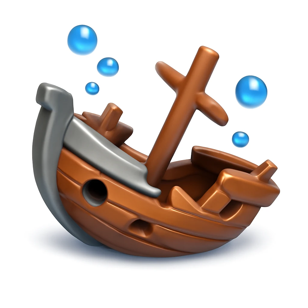 3D iPhone style emoji of a sunken shipwreck, metallic and wooden parts broken, lying underwater, surrounded by small bubbles, no trees, isolated on white background, soft shadows, high detail, playful and cute. emoji