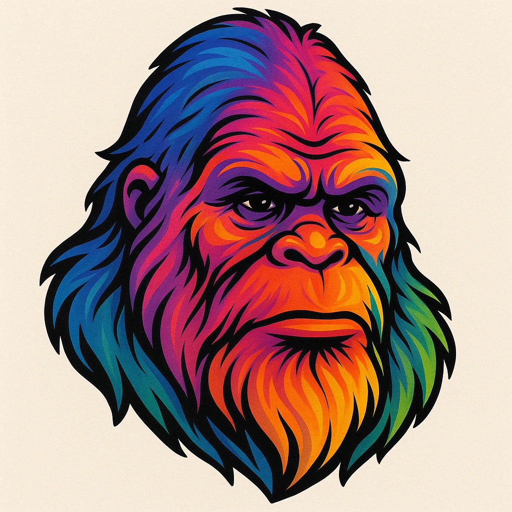 bigfoot head, stylized, colorful gradient fur emoji