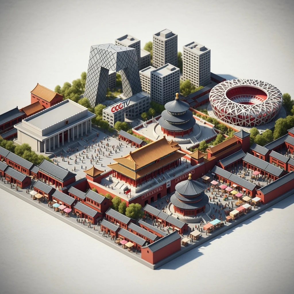 Isometric miniature of Beijing Forbidden City, Tiananmen Square, CCTV Headquarters, Temple of Heaven, Bird’s Nest Stadium and crowded hutong alleys, apartment blocks, 3D miniature effect and Tilt Shift effect, no cartoonish look, transparent background. emoji