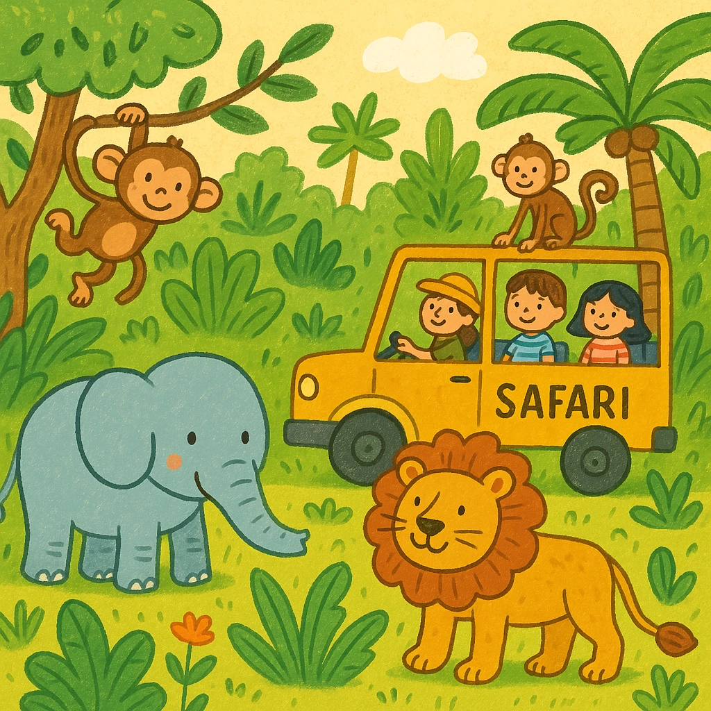 hand drawn digital illustration of jungle safari in the style of children's illustration emoji