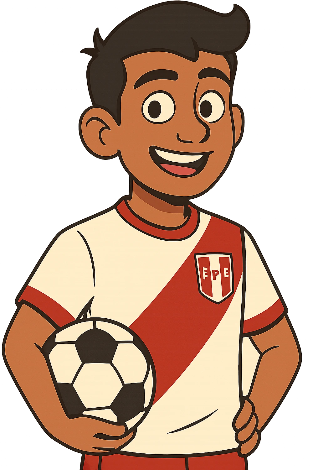 young Peruvian soccer player with red and white jersey, smiling, cartoon style emoji