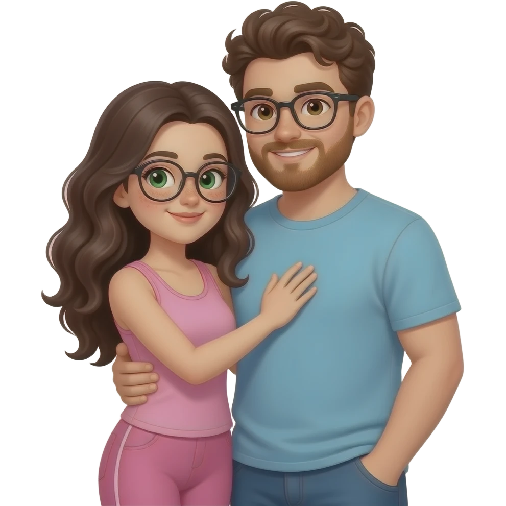 young girl in the style of iphone emoji people, fair skin, green eyes, glasses, freckles,long dark brown wavy hair, pink tank top and pink leggings, and her boyfriend, brown eyes, dark short curly hair and red beard and glasses, slightly fuller but not too much, hug each other emoji