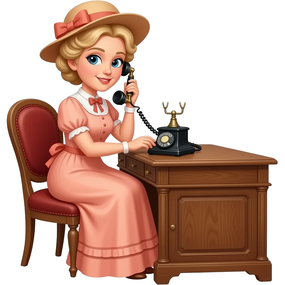 blonde tight curly hair pinned up sitting on an antique desk typing with antique phone in 1800  peach dress and matching hat emoji