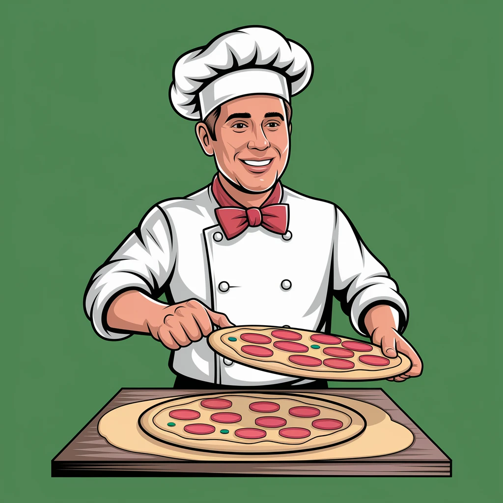 digital vector art of smiling Italian chef spinning pizza dough emoji