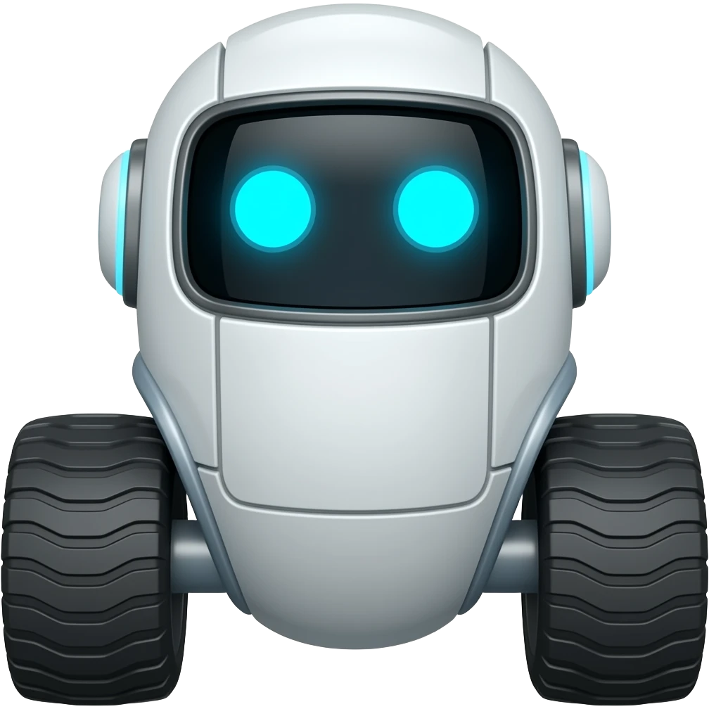 Robot with wheels and blue led and blue eyes in the display emoji
