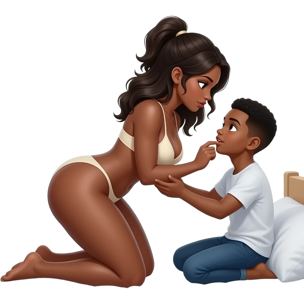 Very tall sexy realistic naked african pedo girl with big massiv thighs and ass and massive boobs naked   beeing intimate sexual in bed with a small african young boy emoji