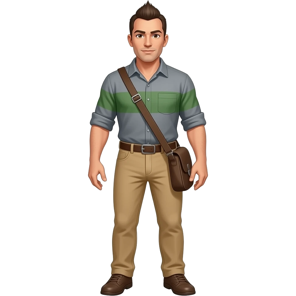 Un hombre de ojos color miel con café claro, con pantalón color beige, playera color gris con franja color verde a la altura del pecho, cabello color oscuro peinado hacia arriba tipo moja, cargando un costal en el hombro tipo machetero cuerpo completo emoji