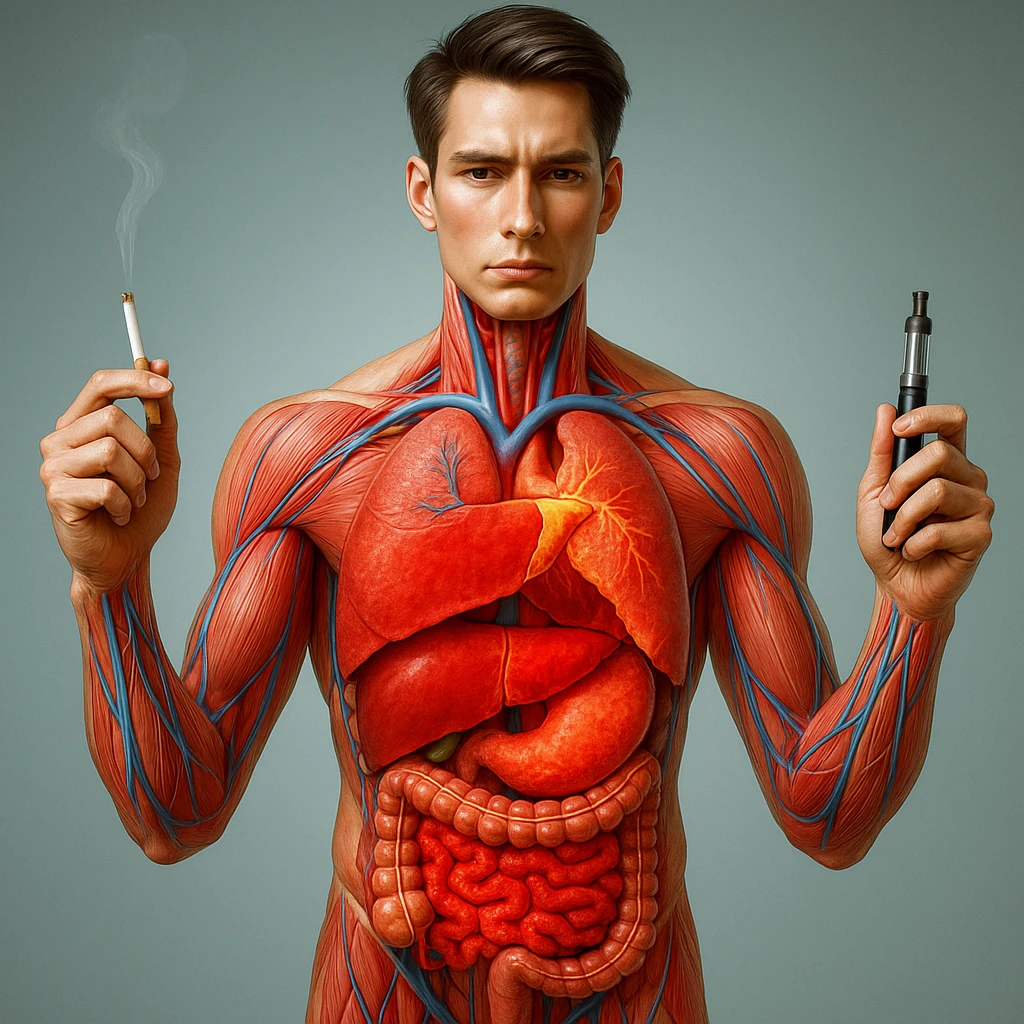Medical illustration, hyperrealistic 4K, realistic anatomical human body, inflamed liver and intestine highlighted, holding a lit normal cigarette in the right hand and an electronic cigarette in the left hand, clear background, extremely detailed, same lighting and style as the provided reference image. emoji