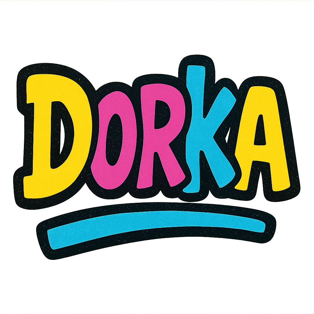 Dorka name in modern colorful gradient font with dark outline, dynamic slanted or partial underline, in the style of reference patterns emoji