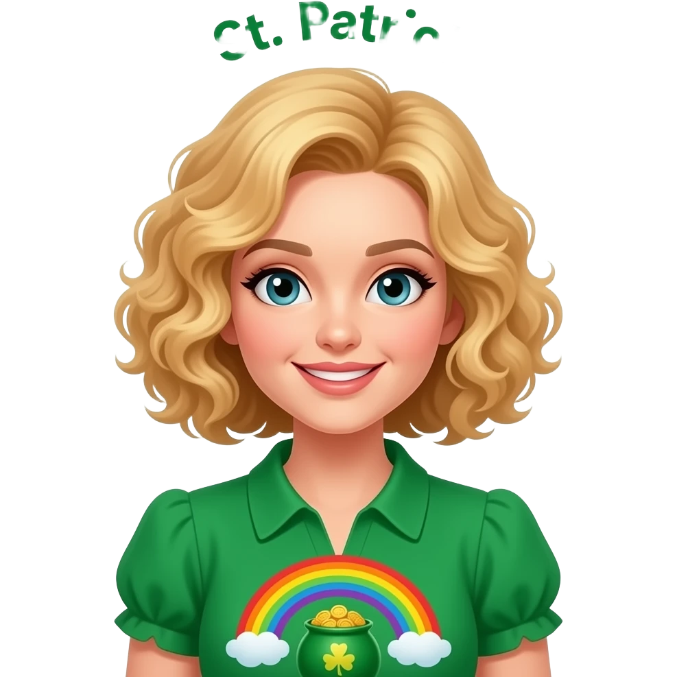 blonde tight curly hair in a short bob with St. Patrick's in a green blouse with rainbow and a pot of gold and Happy  St. Patrick's Day over my head emoji