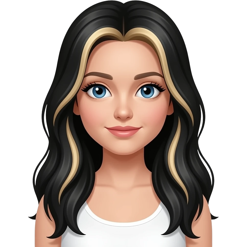 Pretty girl with long black hair and blonde highlights and blue eyes with lashes and wearing a white top emoji