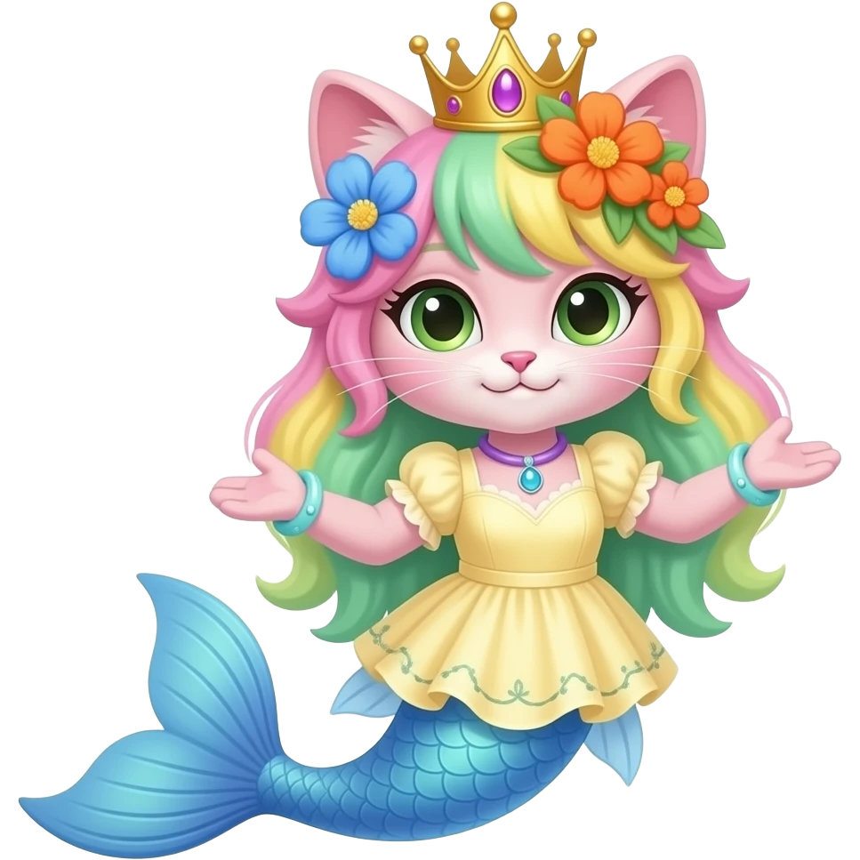 cartoon Male pink anthro cat  with pink and green and yellow hair blue flower orange flower golden crown with light purple necklace light cyan braclets light yellow dress attached to cyan  and light blue mermaid tail with dark blue fins emoji