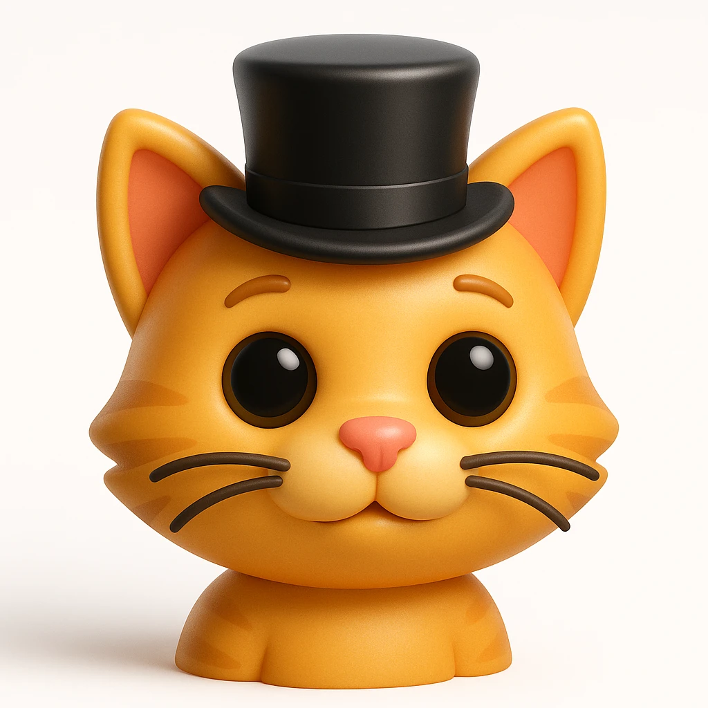 3D rendered emoji-style illustration, glossy plastic-like materials, soft ambient occlusion, rounded forms, high-detail textures, clean white background, Apple emoji aesthetic, subsurface scattering on skin, vibrant saturated colors, cute proportions with large expressive eyes, studio lighting with soft shadows, cat wearing a tophat emoji