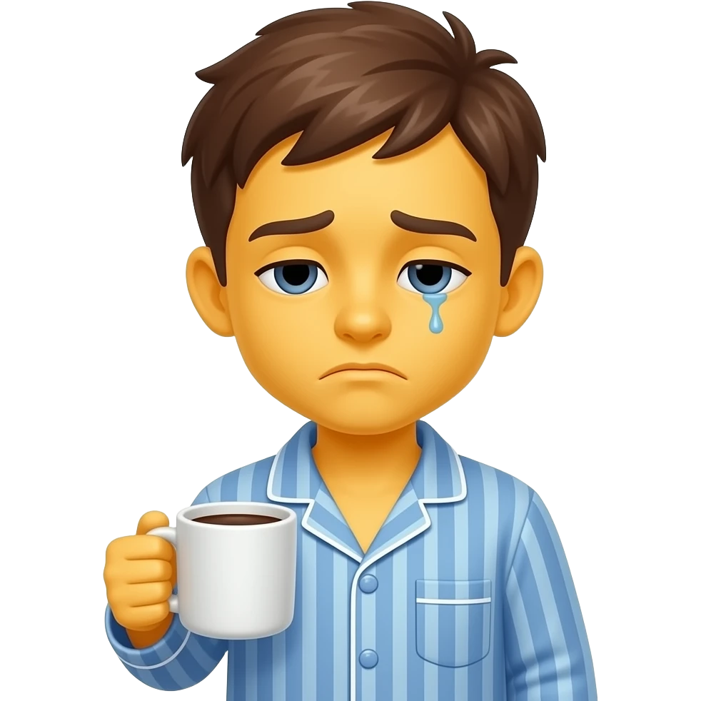 Hazme una un emoji de un chico con expresión cansada con piel amarilla cansado y tomándose un café que el café esté en la mano y que tenga una ropa de dormir con botones y que tenga el pelo café emoji
