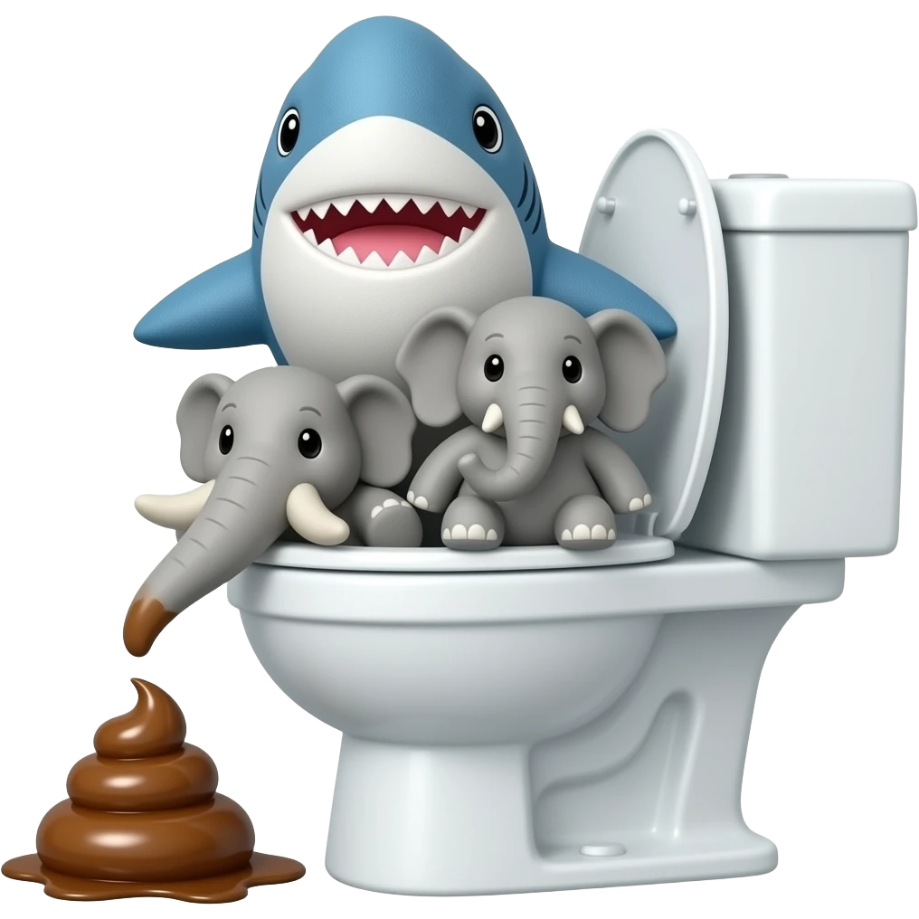 IKEA Shark Plush BLAHAJ and 2 elephant plushies in a overflowing toilet with poo emoji