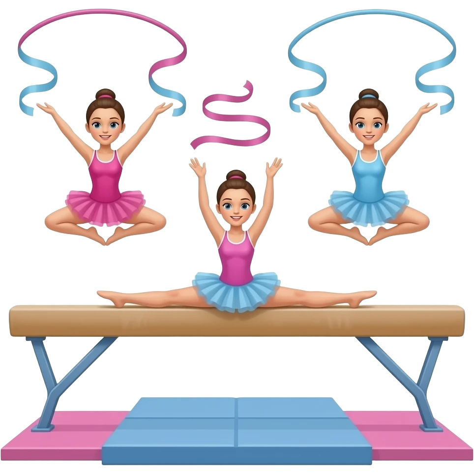 “iOS style emojis of artistic gymnasts (NOT ballet, NOT dancers), female gymnasts wearing leotards (no tutu), doing splits, jumps, balance beam, ribbons and hoops, gymnastics equipment, pink, fuchsia, baby blue, pastel palette, glossy, clean, high detail emoji