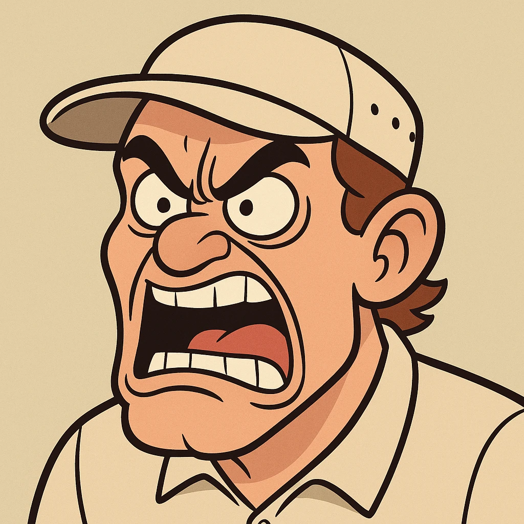 mad golfer's face, expressive, exaggerated anger, golf cap, cartoon style, bold lines emoji