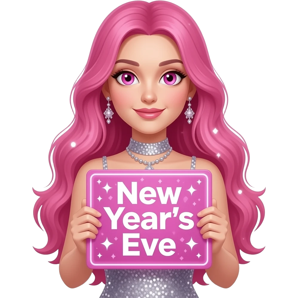 sexy girl with long pink hair and pink eyes wearing new years dress holding a NEW YEARS EVE sign emoji
