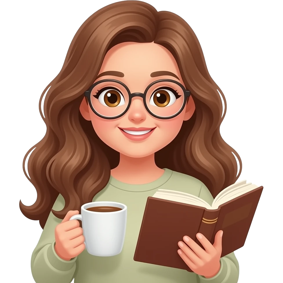 detailed emoji illustration of a curvy woman with long light brown wavy hair, light brown eyes and round glasses holding a book and a hot drink, relaxing reading break, cozy vibe, cute emoji style emoji