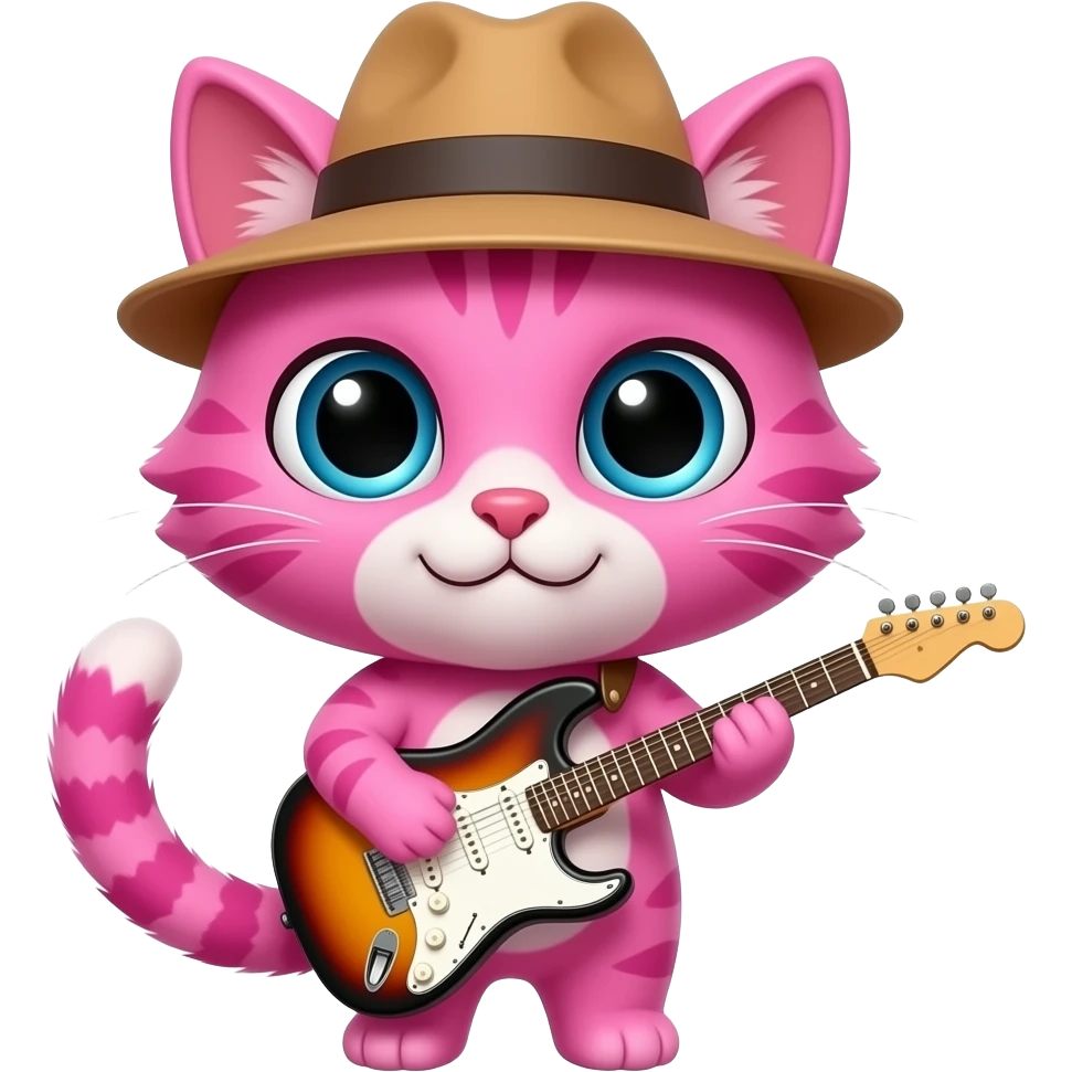 vibrant pinkk  cat wear a hat and playing guitar  sitting pose close up emoji