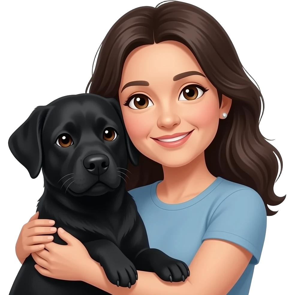 woman, middle aged, long dark hair, small earrings, brown eyes, cuddling black labrador emoji