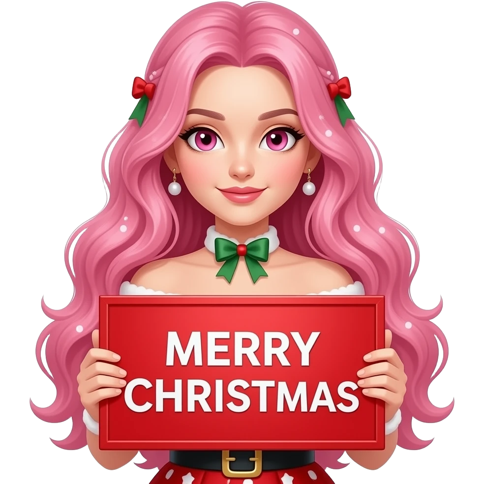 sexy girl with long pink hair and pink eyes wearing christmas dress holding a MERRY CHRISTMAS sign emoji