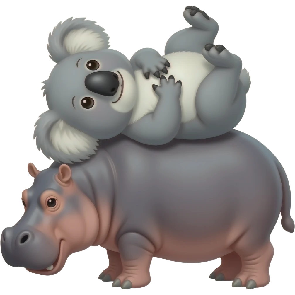 koala laying on back. Hippo laying on top of it. Koala legs wrapped around hippo. Best friends snuggling.  Koala legs fully wrapped all around entire hippo closely. Hippo legs touching ground. emoji