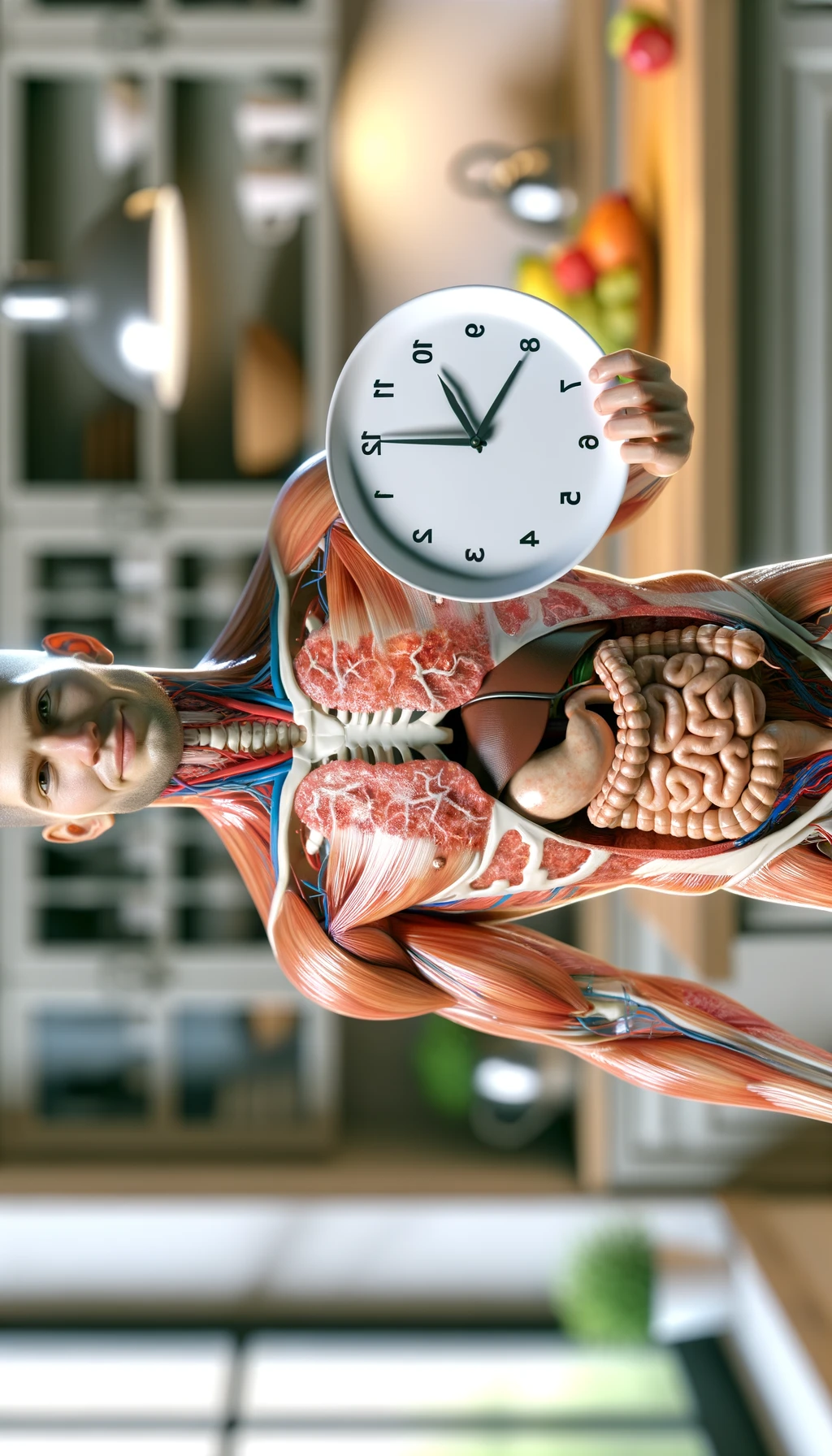 corpo umano anatomico con colori realistici e intestino in evidenza, che tiene in mano un piatto bianco con la lancette di un orologio sopra, figura visibile fino ai fianchi, espressione del volto soddisfatta, sullo sfondo la sua cucina sfocata con toni chiari neutri, iperrealistico 4k emoji