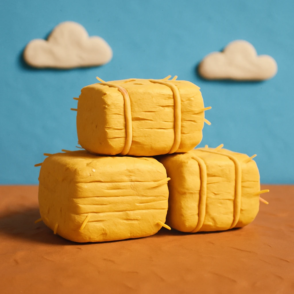 stacked hay bales with a blue sky background, playful and colorful, claymation style emoji