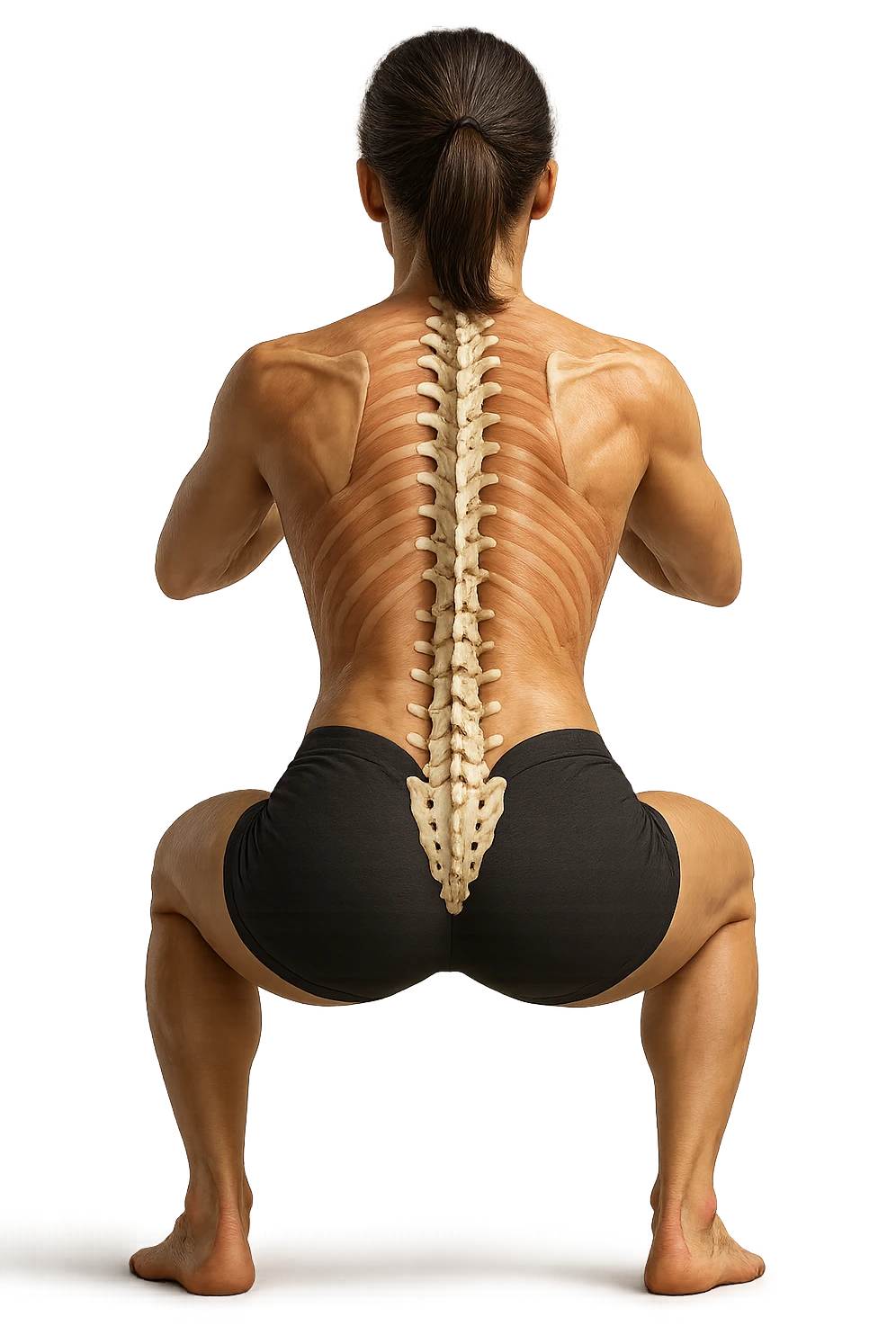 donna di spalle che fa squat con spina dorsale anatomica in evidenza, iperrealistica 4k emoji