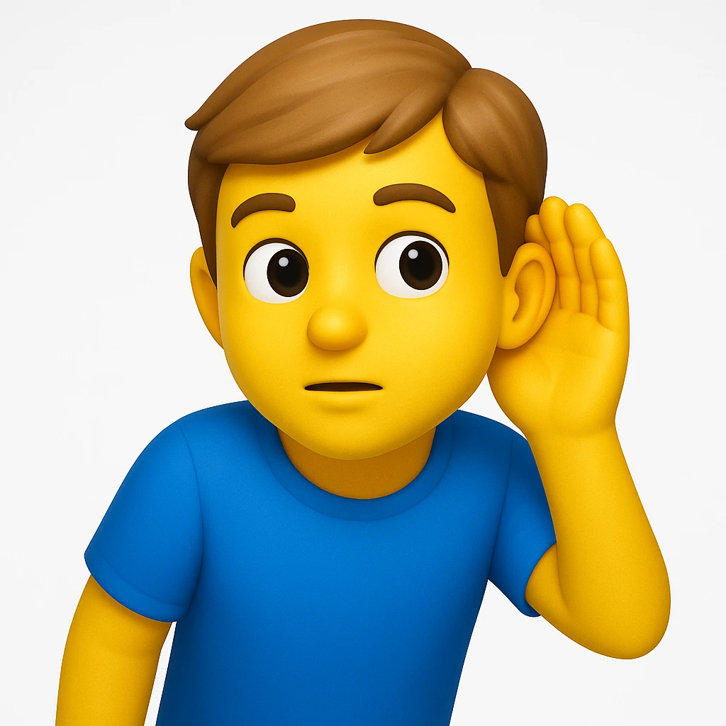 A 3D emoji in iOS emoji aesthetic style of a person wearing a blue t-shirt, holding one hand to their ear while leaning slightly forward as if trying to listen carefully, curious and attentive expression, glossy Apple

 emoji